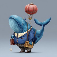 A whimsical whale in a suit, carrying a hot air balloon.
