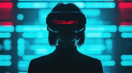 Young Person in Virtual Reality Headset Surrounded by Neon Lights in a Futuristic Digital Environment