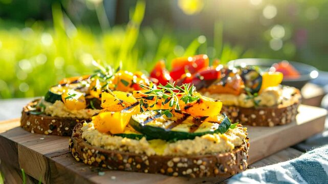 Vibrant Outdoor Picnic Scene with Grilled Vegetables on Bread