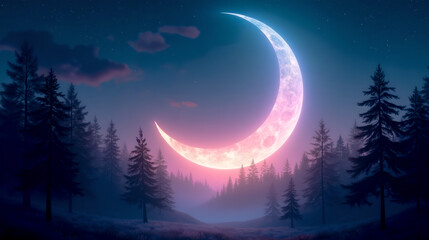A glowing crescent moon hovering above a misty forest
