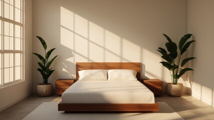 Fototapeta premium Bright and Minimalist Bedroom Design with Wooden Furniture and Potted Plants in Contemporary Style