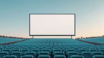 Large outdoor cinema screen set against a clear blue sky and empty rows of turquoise seats awaiting guests