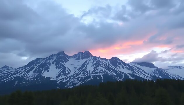 Majestic snow-capped mountains bathed in the vibrant hues of twilight sky