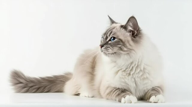 Grey and white cat lying down,  shot.