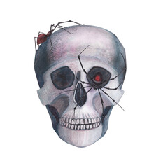 Scull with spider gothic magical texture isolated on white background. Watercolor hand drawn esoterics sketch skull illustration. Art for design mystical halloween witch decoration, scary card