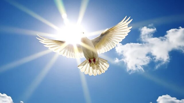 White dove flying in blue sky with sun rays stock video footage for peace and hope concept video