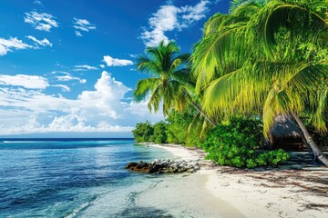 Obraz premium Tropical paradise beach scene. Lush palm trees line a pristine white sand shore, calm turquoise water and a bright blue sky