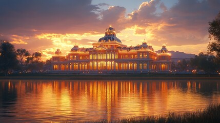 Obraz premium Luxurious mansion at golden sunset over lake