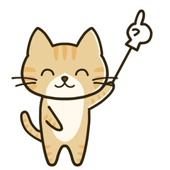 指差し棒を持ちながらニッコリ笑う茶トラハチワレ猫