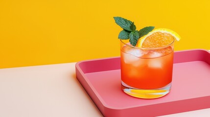 Refreshing Citrus Cocktail with Orange Slice and Mint on Colorful Tray Against Vibrant Background