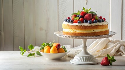 Classic English dessert on a white tablecloth with a tiered stand and fresh fruit centerpiece, bakery table, vintage charm