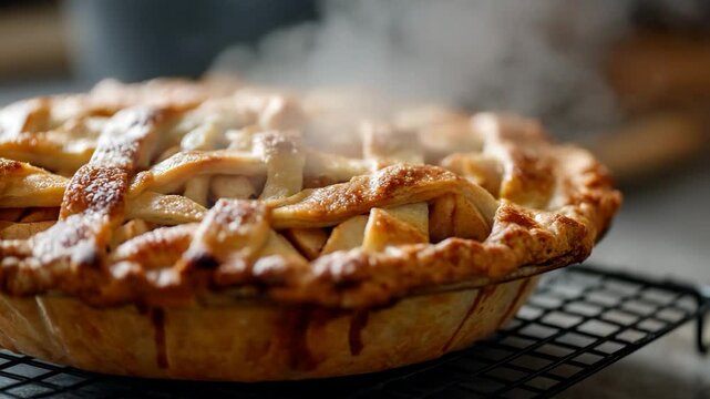 A perfectly baked apple pie cooling on a rack, releasing warm steam and showcasing a golden crust. A classic dessert that evokes cozy feelings and cherished memories.