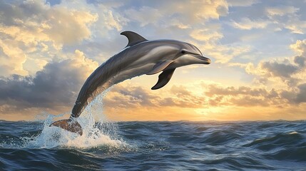 Fototapeta premium Dolphin jumping out of sea with blue sky, white clouds, and ocean waves.