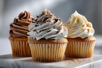 Three delectable cupcakes with rich frosting stand on a white marble surface.
