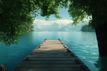 Serene lakefront wooden dock, framed by lush greenery and majestic mountains