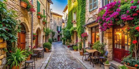 Naklejka premium Narrow cobblestone street lined with old stone buildings and charming cafes, surrounded by lush greenery and colorful flowers, Antibes Old Town, Old Buildings