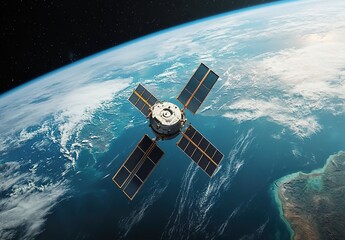 A satellite in Earth's orbit with part of Earth's surface in the background, showing oceans and land, with stars in the sky.