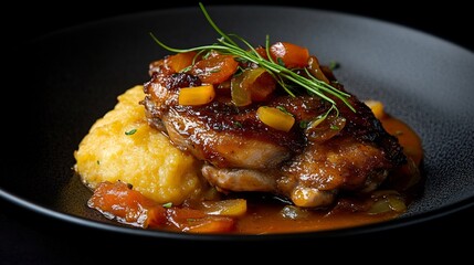 Side view of braised chicken thigh onion tomato sauce pap served over a black background Free State South African flavor savory and comforting weekend meal cut out on isolated transparent background