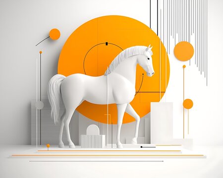 White horse, geometric shapes, bright orange circle
