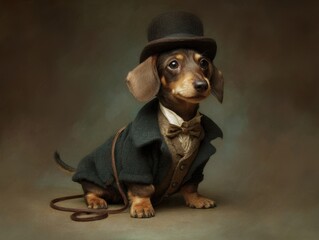 Elegant dachshund dressed in vintage gentleman's attire.