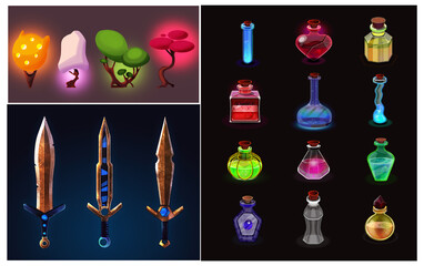 A set of isolated fantasy icons on a dark field. potion bottles, magic swords, cartoon tree concepts. mobile app props, isolated items on black
