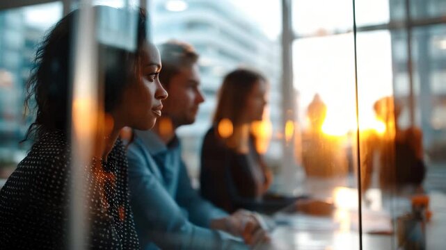 A group of focused professionals engaged in a meeting by a large window, capturing the essence of teamwork and collaboration in a modern business environment.