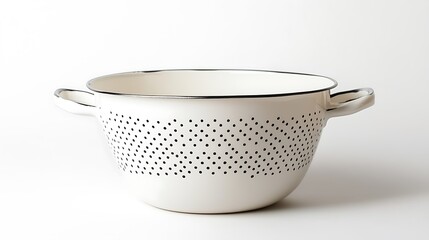 Enamel colander with kitchenware, and white.