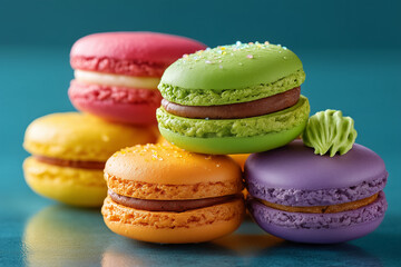 Fototapeta premium Brightly colored macarons stacked diagonally, showcasing vivid hues and shiny reflections on smooth tabletop. Concept of confectionery, dessert catering, bakery