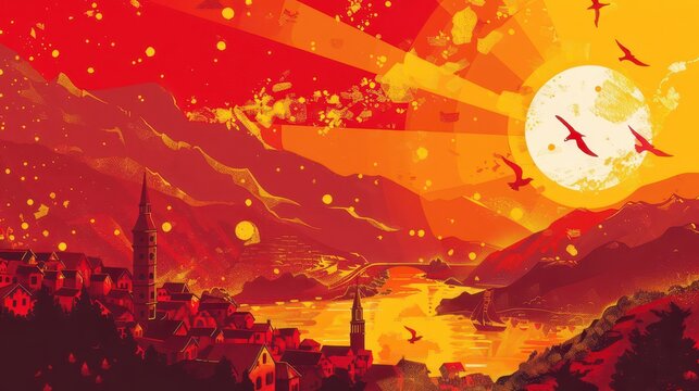 Montenegro independence day celebration with sunset over coastal town. Horizontal banner. Copy space. Postcard from Montenegro. Flat illustration