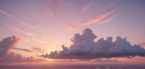 Fototapeta premium Delicate clouds glow with pastel shades as the sun dips below the horizon , photography, evening, background