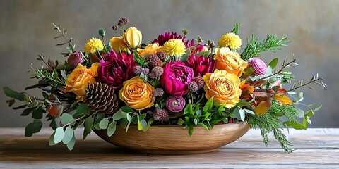 Obraz premium A floral arrangement in a wooden bowl with colorful roses, peonies, green leaves, pinecones, and berries on a wooden surface against a neutral background.