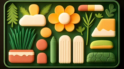 Abstract Geometric Plant and Flower Arrangement in a Green Tray