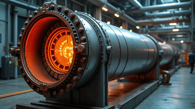 A detailed view of a shell and tube heat exchanger with metallic surfaces, illuminated by warm orange lighting, highlighting advanced engineering in a modern facility.