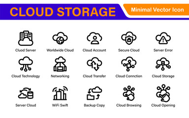 Cloud Storage Backup Icon Set – Minimal Outline Vector Illustrations for Secure Data, Sync, Upload, and File Protection – Modern Line Icons