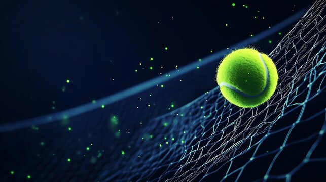Glowing tennis ball suspended air illuminated court net concept fast action sports theme image