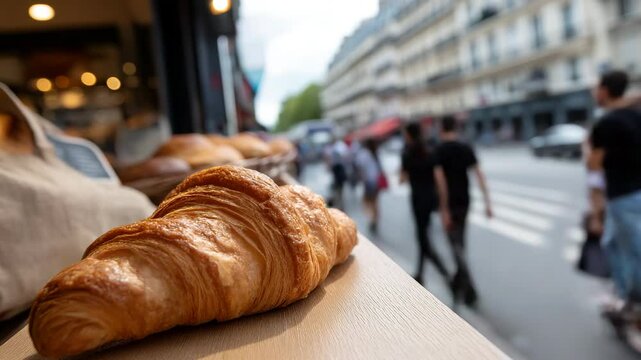 A perfectly baked golden croissant sitting on a ledge, inviting passersby to indulge in the flaky goodness, capturing the essence of a Parisian caf&eacute; experience.
