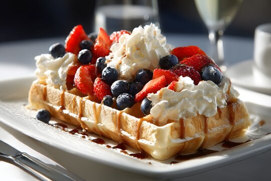 Delicious golden waffle is topped with whipped cream, fresh berries, and syrup.