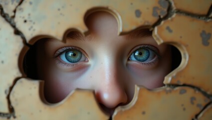 Child s Eyes Peeking Through Broken Wooden Frame Intriguing Gaze