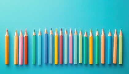 A horizontal row of multicolored pencils with sharp tips against a teal background, featuring yellow, pink, orange, green, blue, red, and purple hues.