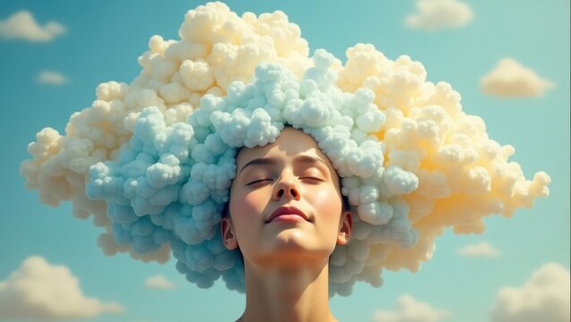 Serene Woman with Pastel Cloud Hair Dreamy Sky Background Peaceful Meditation