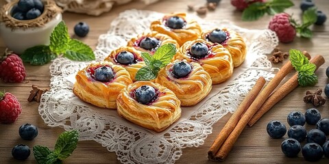  Golden puff pastry squares topped with fresh blueberries and mint leaves on a white lace doily over a wooden table, surrounded by scattered blueberries, cinnamon sticks, and mint.