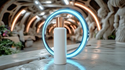 White perfume bottle display futuristic interior