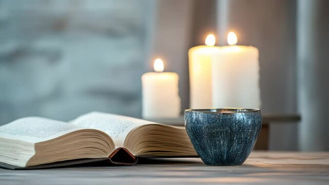 A book is open on a table with a bowl and three candles. The candles are lit and the bowl is filled with water. The scene creates a cozy and intimate atmosphere, perfect for reading or relaxing