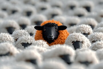 Black sheep stands out in a crowd of white sheep