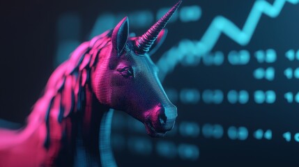 Abstract Illustration of a Digital Unicorn Surrounded by Stock Market Data Representing Growth and Innovation