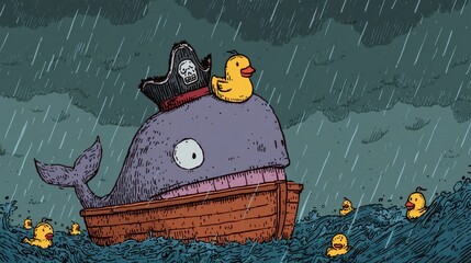 A whimsical illustration of a whale in a boat with rain and rubber ducks.