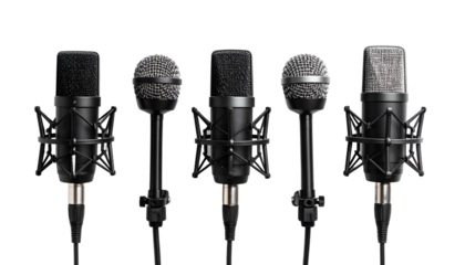 Podcast setup with microphones, home studio digital content minimalist view isolated on solid white background Png