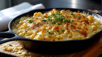 Golden, bubbling mac and cheese in a black cast iron skillet, creamy and rich.