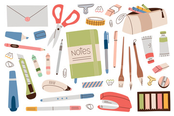 Vector illustrations set with school and office supplies. Stationery collection with pens, pencils, notebook, flat cartoon icons for studying, writing, organizing daily tasks and creative work
