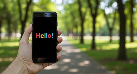 Hand of a man holding a phone with the word hello displayed on the screen outdoors, concept of communication using digital device